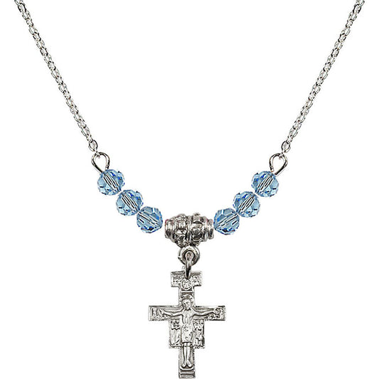 Sterling Silver San Damiano Crucifix Birthstone Necklace with Aqua Beads - 6078