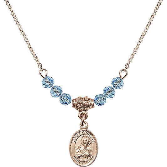 14kt Gold Filled Saint Andrew the Apostle Birthstone Necklace with Aqua Beads - 9000