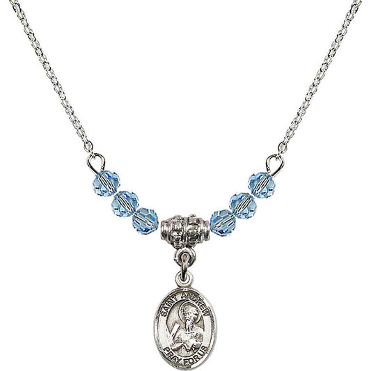 Sterling Silver Saint Andrew the Apostle Birthstone Necklace with Aqua Beads - 9000
