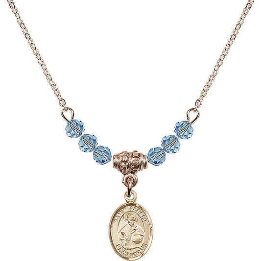 14kt Gold Filled Saint Albert the Great Birthstone Necklace with Aqua Beads - 9001