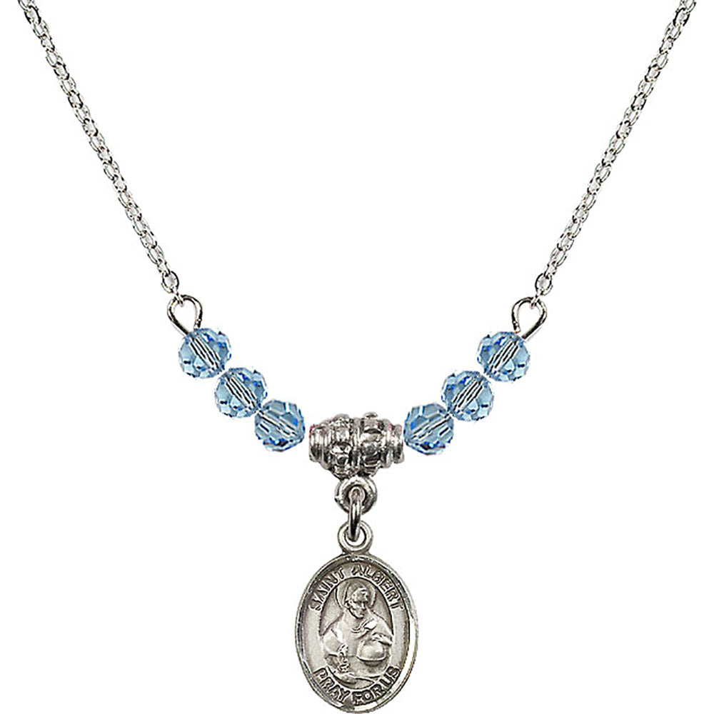Sterling Silver Saint Albert the Great Birthstone Necklace with Aqua Beads - 9001