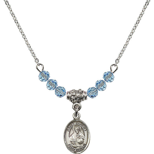 Sterling Silver Saint Albert the Great Birthstone Necklace with Aqua Beads - 9001