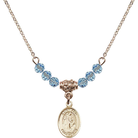 14kt Gold Filled Saint Ann Birthstone Necklace with Aqua Beads - 9002