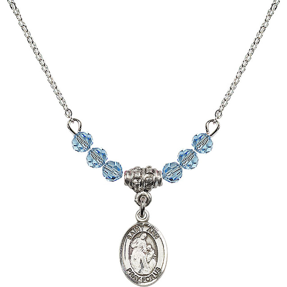 Sterling Silver Saint Ann Birthstone Necklace with Aqua Beads - 9002