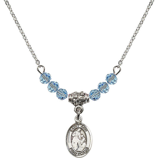 Sterling Silver Saint Ann Birthstone Necklace with Aqua Beads - 9002