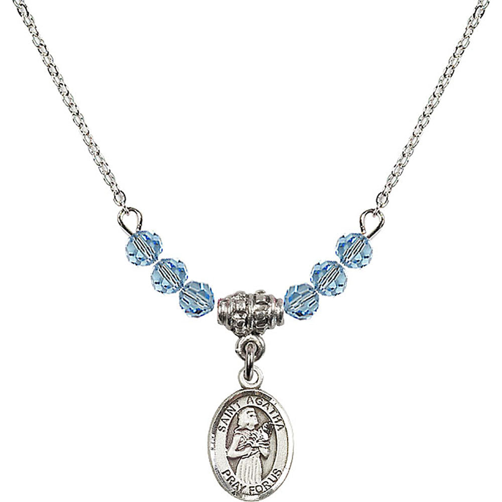 Sterling Silver Saint Agatha Birthstone Necklace with Aqua Beads - 9003