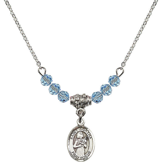 Sterling Silver Saint Agatha Birthstone Necklace with Aqua Beads - 9003