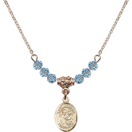14kt Gold Filled Saint Anthony of Padua Birthstone Necklace with Aqua Beads - 9004