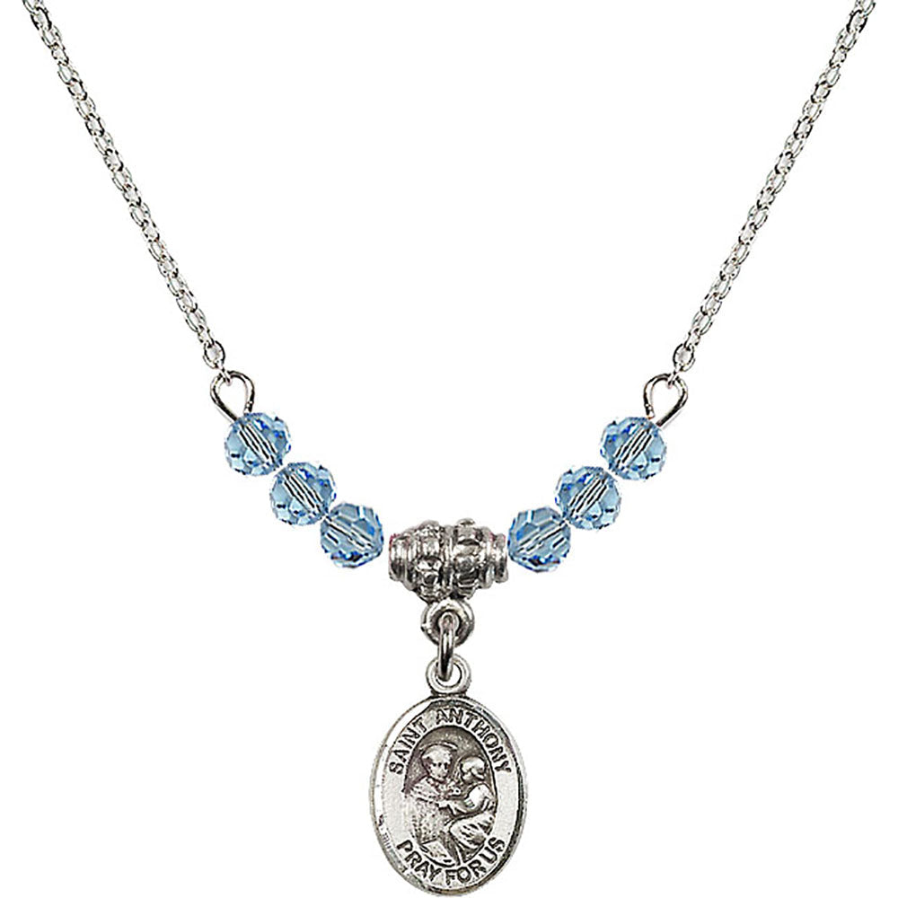 Sterling Silver Saint Anthony of Padua Birthstone Necklace with Aqua Beads - 9004