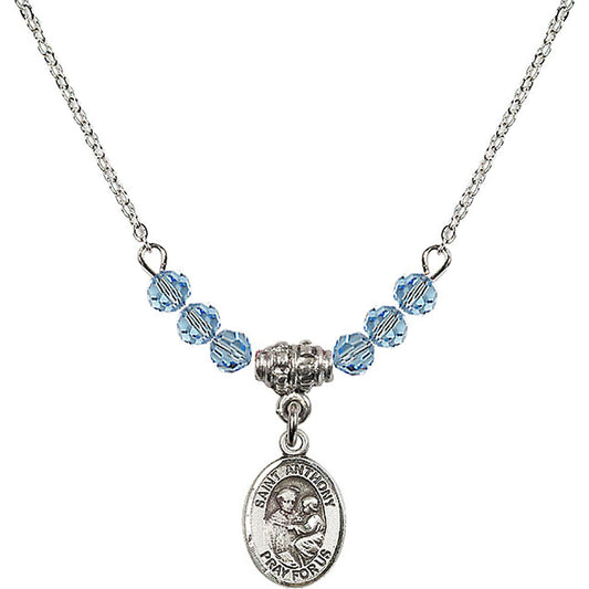 Sterling Silver Saint Anthony of Padua Birthstone Necklace with Aqua Beads - 9004