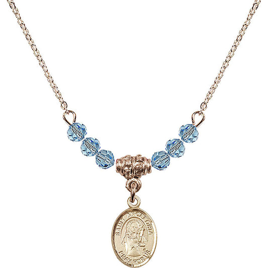 14kt Gold Filled Saint Apollonia Birthstone Necklace with Aqua Beads - 9005