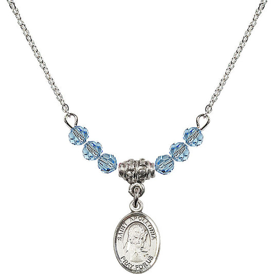 Sterling Silver Saint Apollonia Birthstone Necklace with Aqua Beads - 9005