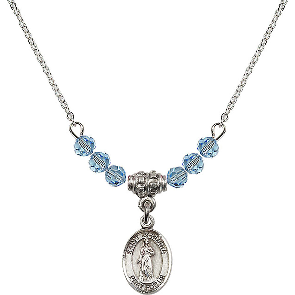 Sterling Silver Saint Barbara Birthstone Necklace with Aqua Beads - 9006