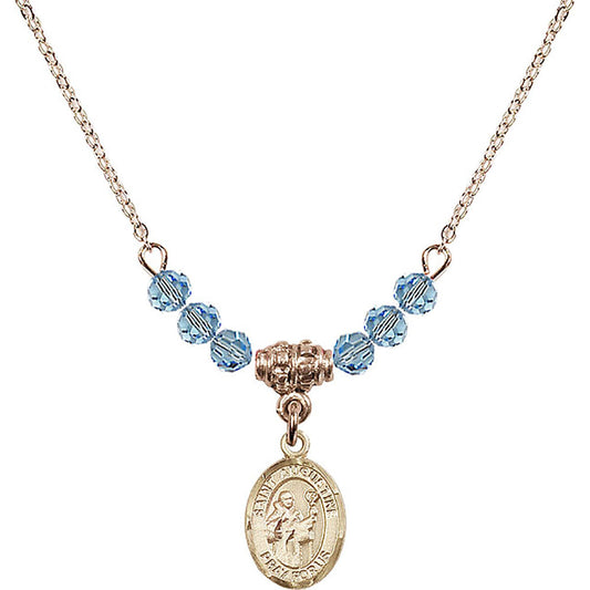 14kt Gold Filled Saint Augustine Birthstone Necklace with Aqua Beads - 9007