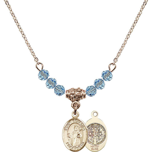 14kt Gold Filled Saint Benedict Birthstone Necklace with Aqua Beads - 9008