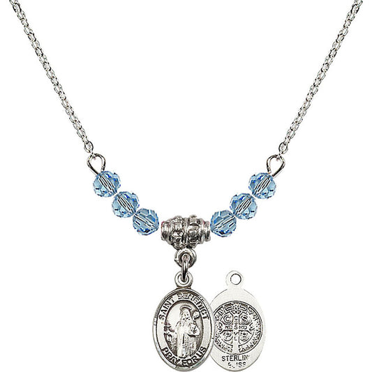 Sterling Silver Saint Benedict Birthstone Necklace with Aqua Beads - 9008