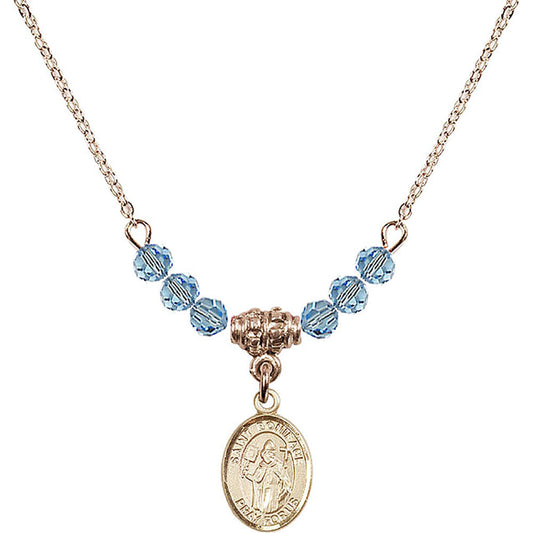 14kt Gold Filled Saint Boniface Birthstone Necklace with Aqua Beads - 9009
