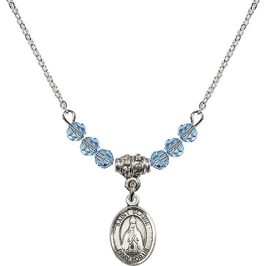 Sterling Silver Saint Blaise Birthstone Necklace with Aqua Beads - 9010