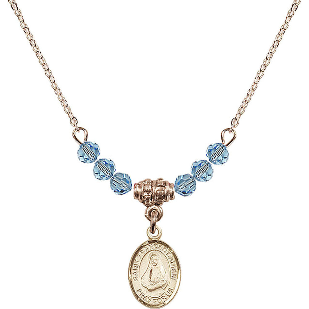 14kt Gold Filled Saint Frances Cabrini Birthstone Necklace with Aqua Beads - 9011