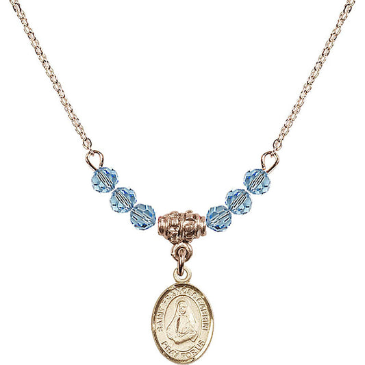 14kt Gold Filled Saint Frances Cabrini Birthstone Necklace with Aqua Beads - 9011