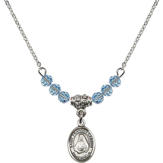 Sterling Silver Saint Frances Cabrini Birthstone Necklace with Aqua Beads - 9011