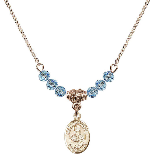 14kt Gold Filled Saint Alexander Sauli Birthstone Necklace with Aqua Beads - 9012