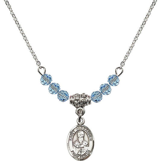 Sterling Silver Saint Alexander Sauli Birthstone Necklace with Aqua Beads - 9012