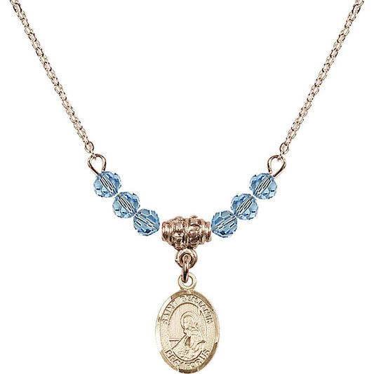 14kt Gold Filled Saint Benjamin Birthstone Necklace with Aqua Beads - 9013