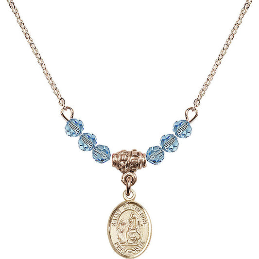 14kt Gold Filled Saint Catherine of Siena Birthstone Necklace with Aqua Beads - 9014