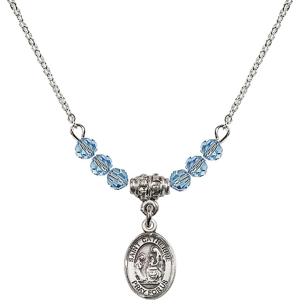 Sterling Silver Saint Catherine of Siena Birthstone Necklace with Aqua Beads - 9014