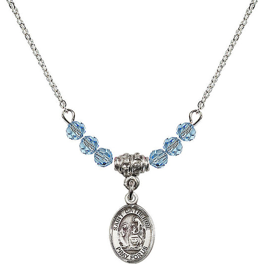 Sterling Silver Saint Catherine of Siena Birthstone Necklace with Aqua Beads - 9014