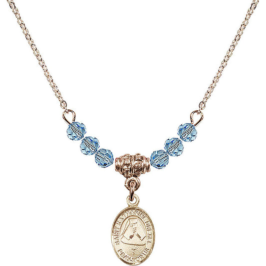 14kt Gold Filled Saint Katharine Drexel Birthstone Necklace with Aqua Beads - 9015