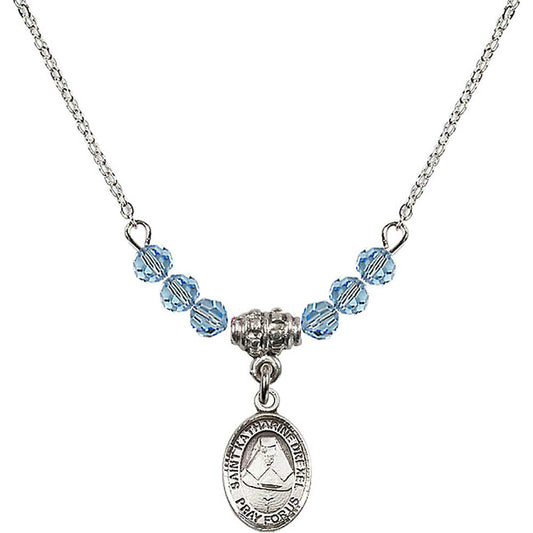 Sterling Silver Saint Katharine Drexel Birthstone Necklace with Aqua Beads - 9015