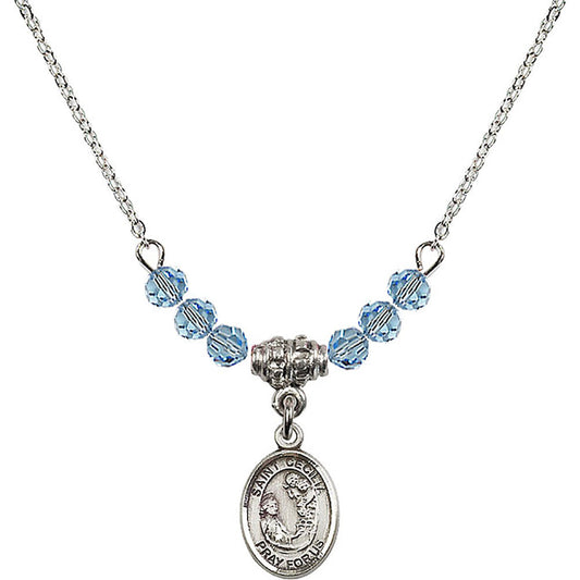 Sterling Silver Saint Cecilia Birthstone Necklace with Aqua Beads - 9016