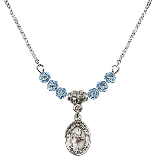 Sterling Silver Saint Bernadette Birthstone Necklace with Aqua Beads - 9017