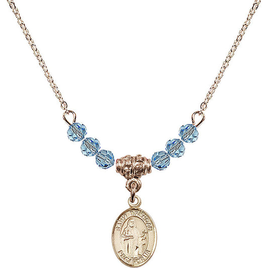 14kt Gold Filled Saint Brendan the Navigator Birthstone Necklace with Aqua Beads - 9018