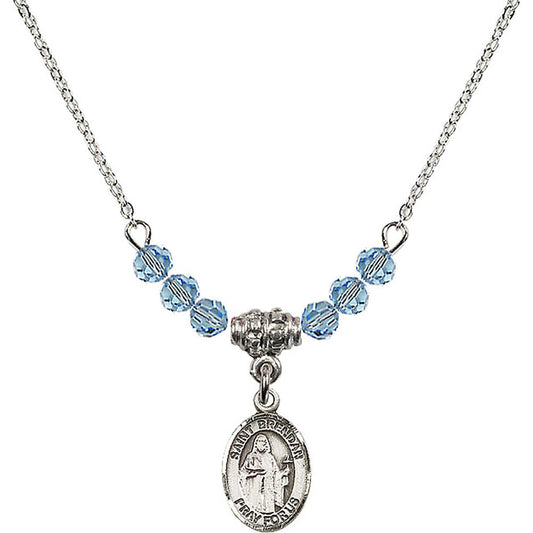 Sterling Silver Saint Brendan the Navigator Birthstone Necklace with Aqua Beads - 9018