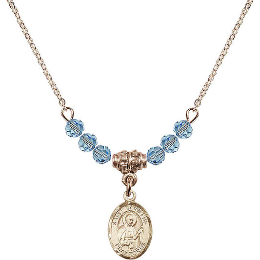 14kt Gold Filled Saint Camillus of Lellis Birthstone Necklace with Aqua Beads - 9019