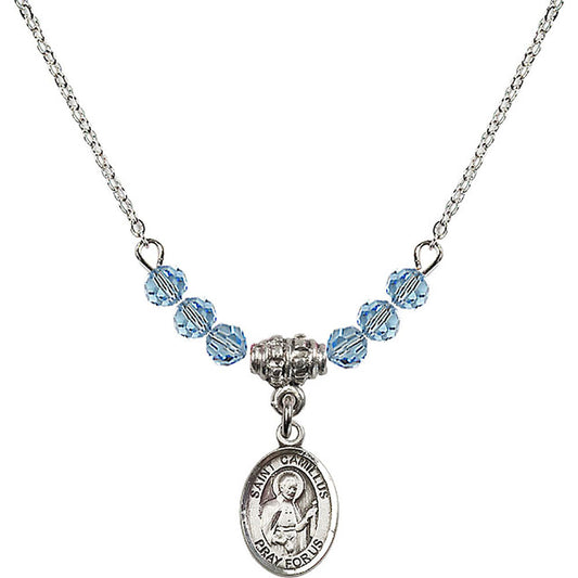 Sterling Silver Saint Camillus of Lellis Birthstone Necklace with Aqua Beads - 9019