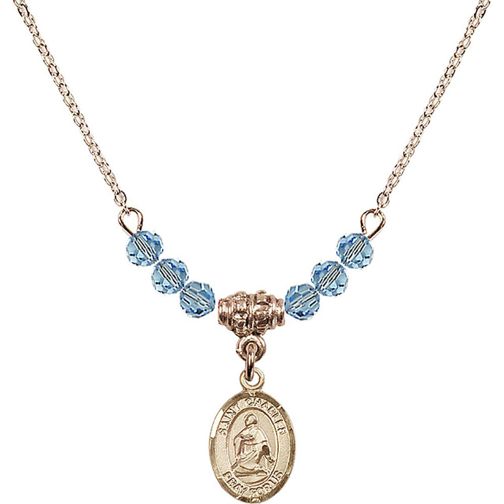 14kt Gold Filled Saint Charles Borromeo Birthstone Necklace with Aqua Beads - 9020