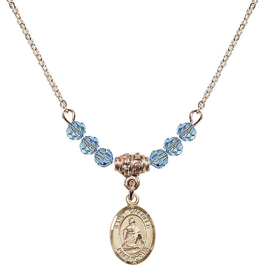 14kt Gold Filled Saint Charles Borromeo Birthstone Necklace with Aqua Beads - 9020