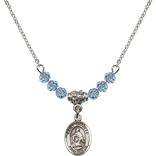 Sterling Silver Saint Charles Borromeo Birthstone Necklace with Aqua Beads - 9020
