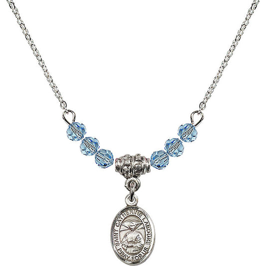 Sterling Silver Saint Catherine Laboure Birthstone Necklace with Aqua Beads - 9021