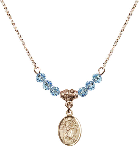 14kt Gold Filled Saint Christopher Birthstone Necklace with Aqua Beads - 9022