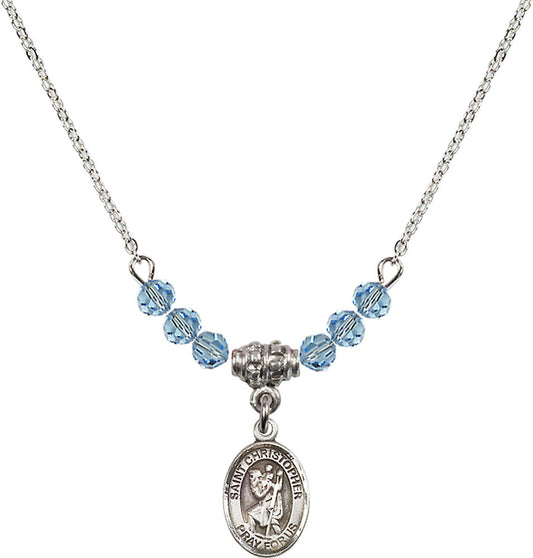 Sterling Silver Saint Christopher Birthstone Necklace with Aqua Beads - 9022