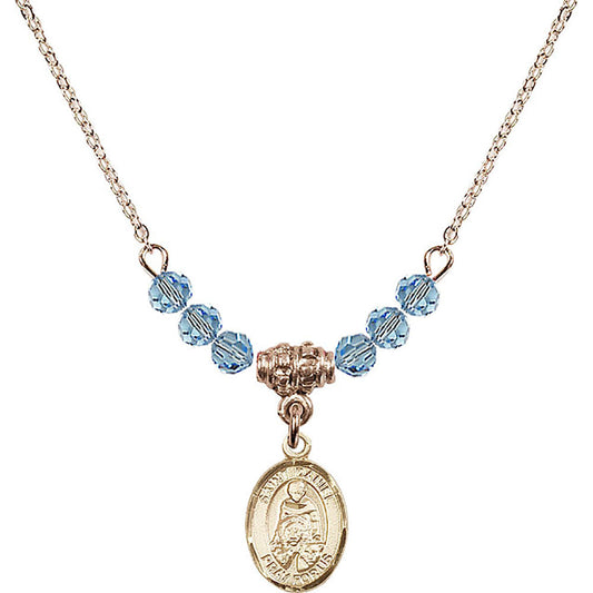 14kt Gold Filled Saint Daniel Birthstone Necklace with Aqua Beads - 9024