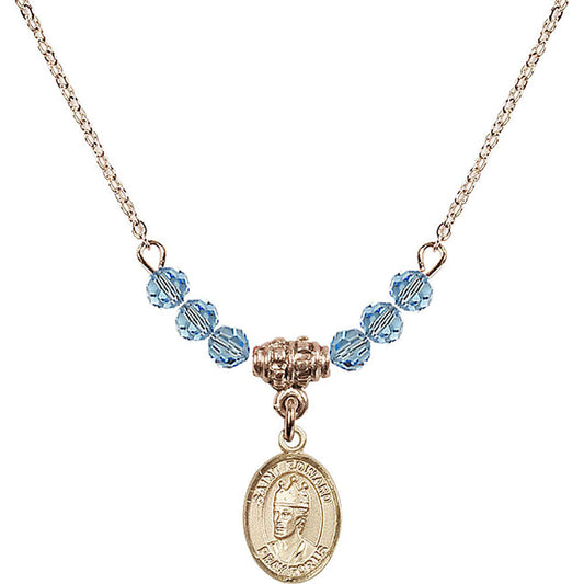 14kt Gold Filled Saint Edward the Confessor Birthstone Necklace with Aqua Beads - 9026