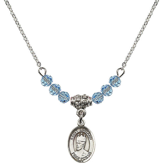 Sterling Silver Saint Edward the Confessor Birthstone Necklace with Aqua Beads - 9026