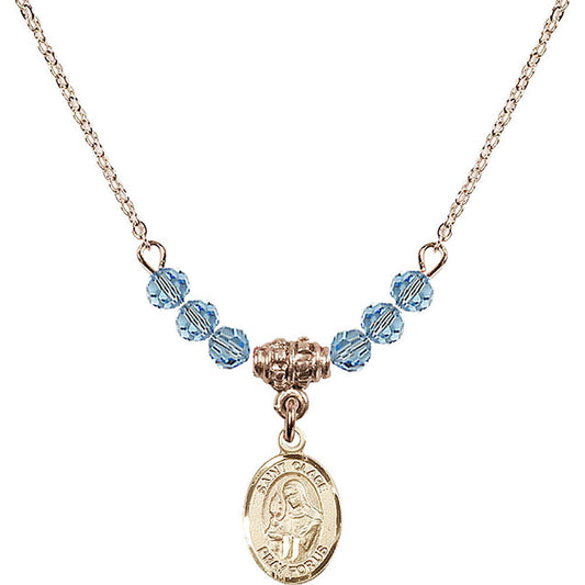 14kt Gold Filled Saint Clare of Assisi Birthstone Necklace with Aqua Beads - 9028