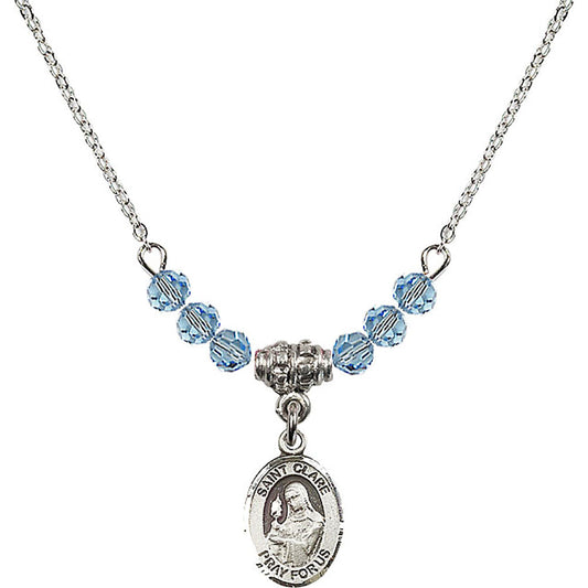 Sterling Silver Saint Clare of Assisi Birthstone Necklace with Aqua Beads - 9028